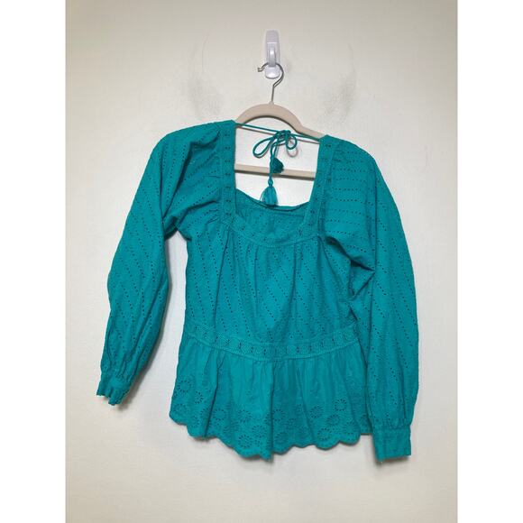 Mahila Teal Eyelet Peasant Top Sz M - Picture 2 of 2